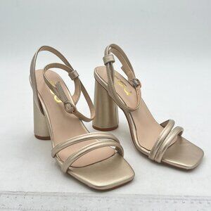 FSJ Gold Open Toe Ankle Strap Block Heels Sandal Strappy Buckle Dress Shoes